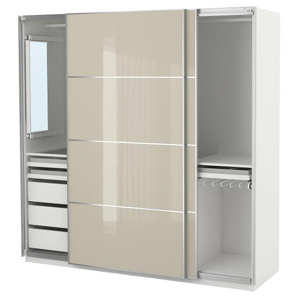 Elegant Wooden Cream Black Glass Wardrobe With Mirror Bedroom