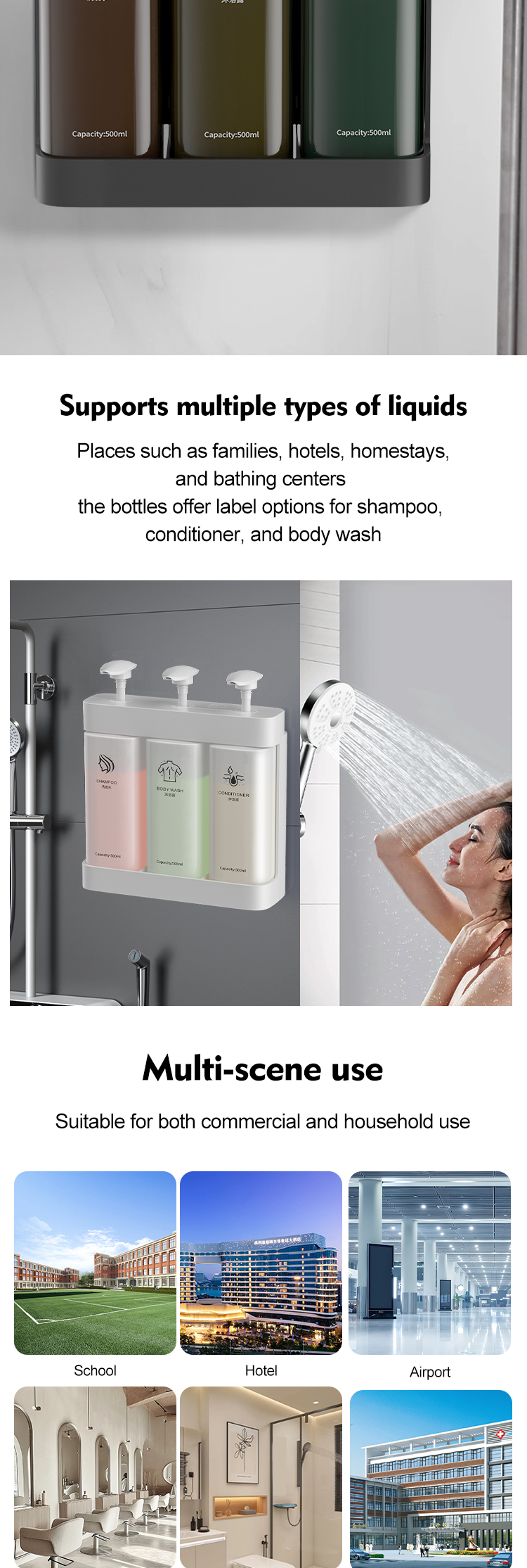 Multi Function Triple Wall Mounted Pump Soap Dispenser Refillable 500ml*3 Capacity