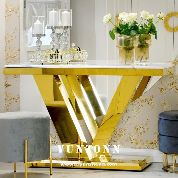 Luxury Gold Dining Table with White Marble Top OEM Furniture for Hotel Restaurant for Banquets Living Room Use Metal Material