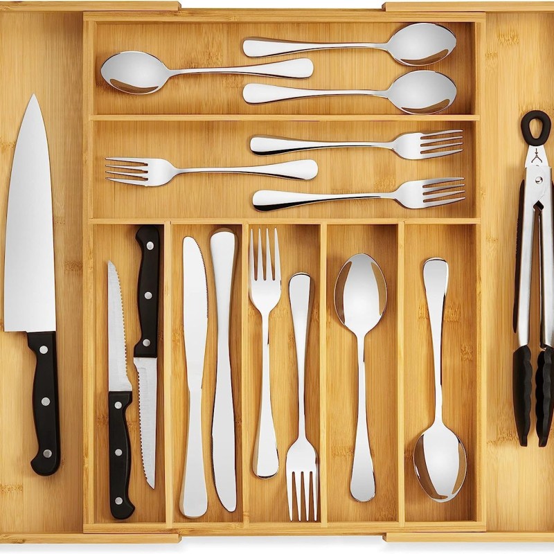 Bamboo Cutlery Retractable Drawer Storage Box Kitchen Organiser for Efficient Knife and Fork Division Sorting
