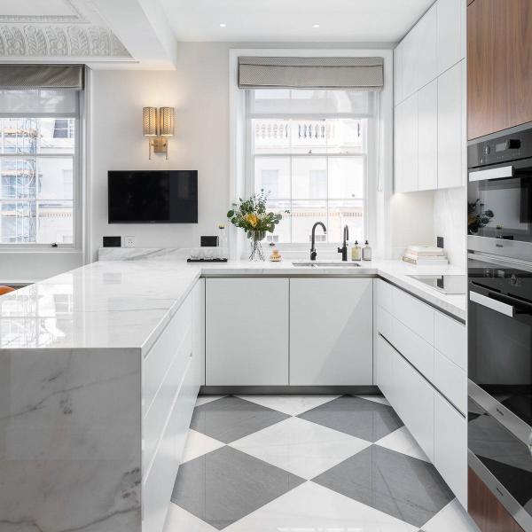 White Lacquer Finish Modern Designs Kitchen Cabinet Compact Kitchenette With Handless Design