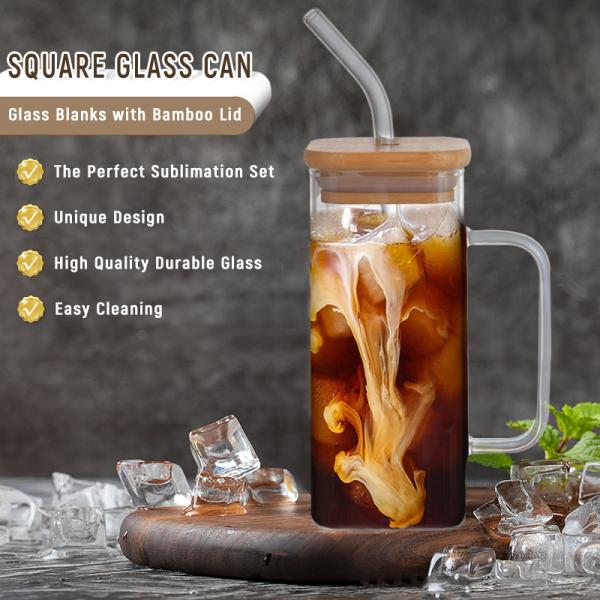 Sustainable 350ml Clear Glassware Drinkware Iced Coffee Tea Mug with Lid and Straw Handle