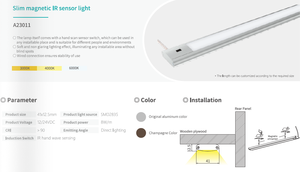 Letaron 12V 24V Magnetic IR Hand Wave Sensing Slim LED Under Cabinet Light with RA90+