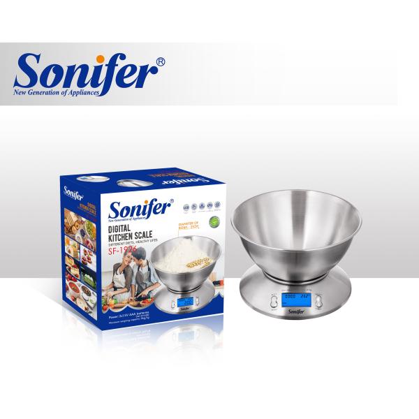 Balance numérique Sonifer SF-1926 5 kg en acier inoxydable avec bol alimentaire diamètre 21 cm Balance de cuisine pour peser les aliments, pour une vie saine