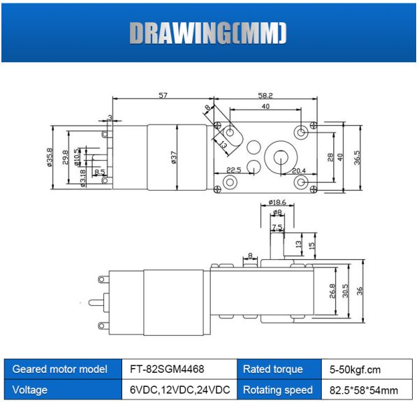 FT-82SGM4468 12v Worm Gear Motor 24v High Torque Dc Worm Gear Motor for Floor Cleaning Robots