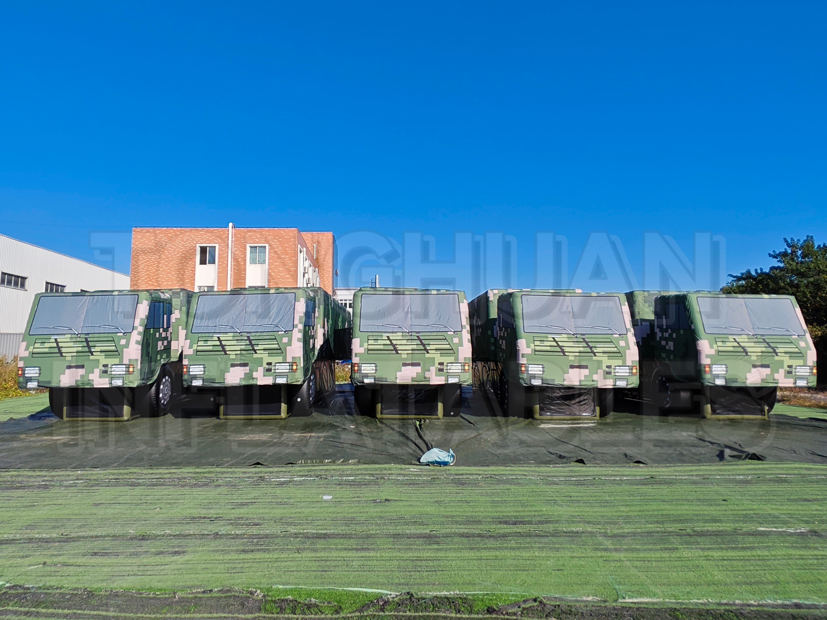 Inflatable Support Vehicle Simulation Model with Custom Size Equipment Cabin Wheel Configuration and Camouflage Artwork for Exhibitions Training Programs and Project Installations