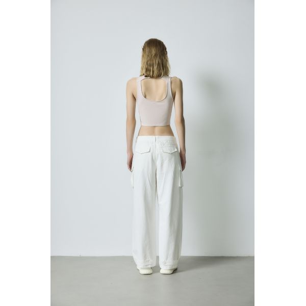 Self Cultivation Basic Tops Pink Mock Neck Sleeveless White High Waist Wide Leg Cargo Pants Set