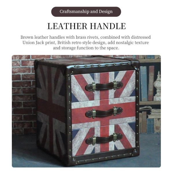 Nidea #8524 Vintage Leather Living Room Cabinet American Country-Style Retro Checkerboard Design Handmade Durable 3 Drawers Model