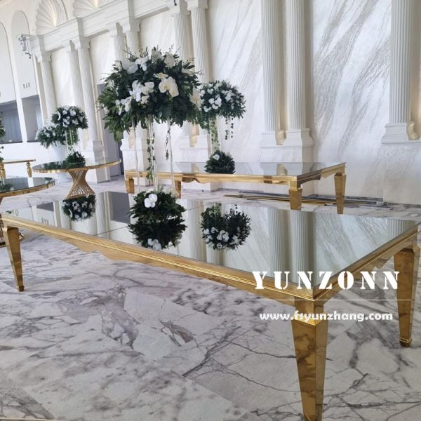 Modern Gold Stainless Steel Mirrored Glass Top Dining Table for Hotels Weddings Parties Outdoor Events for Banquets