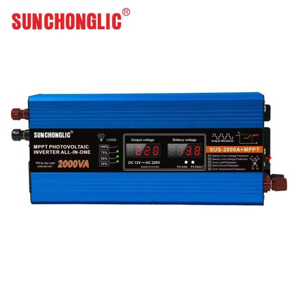 This 2000W MPPT solar charge inverter features a modified sine wave output and converts 12V DC to 220V AC power.