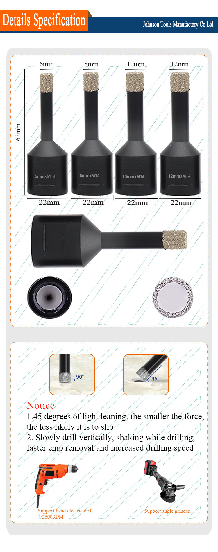 кольцевая пила сверло-коронки диаманта 12mm сухая для плиток фарфора