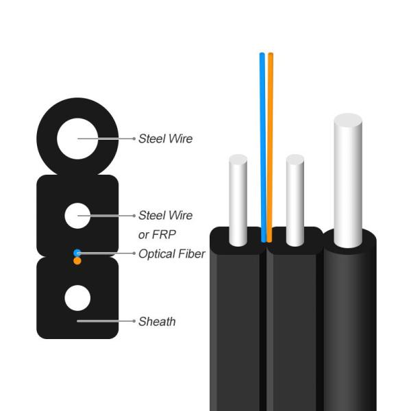 Cable de bajada exterior de fibra óptica de 2 núcleos, núcleo de fibra G657A1 9/125 monomodo, 1 alambre de acero + 2 elementos de refuerzo FRP, cubierta LSZH negra, 1000 metros/rollo
