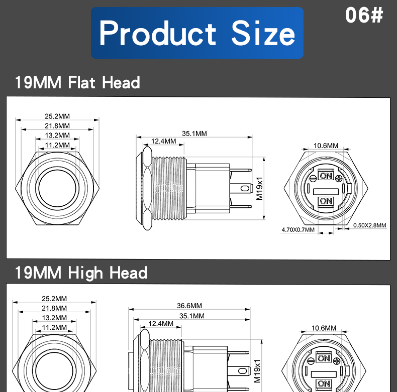 19mm Metal Push Button Switch 10A High Current Latching Momentary LED 1NO 4Pins Flat Head High Head Switch IP65 Max Voltage 220V