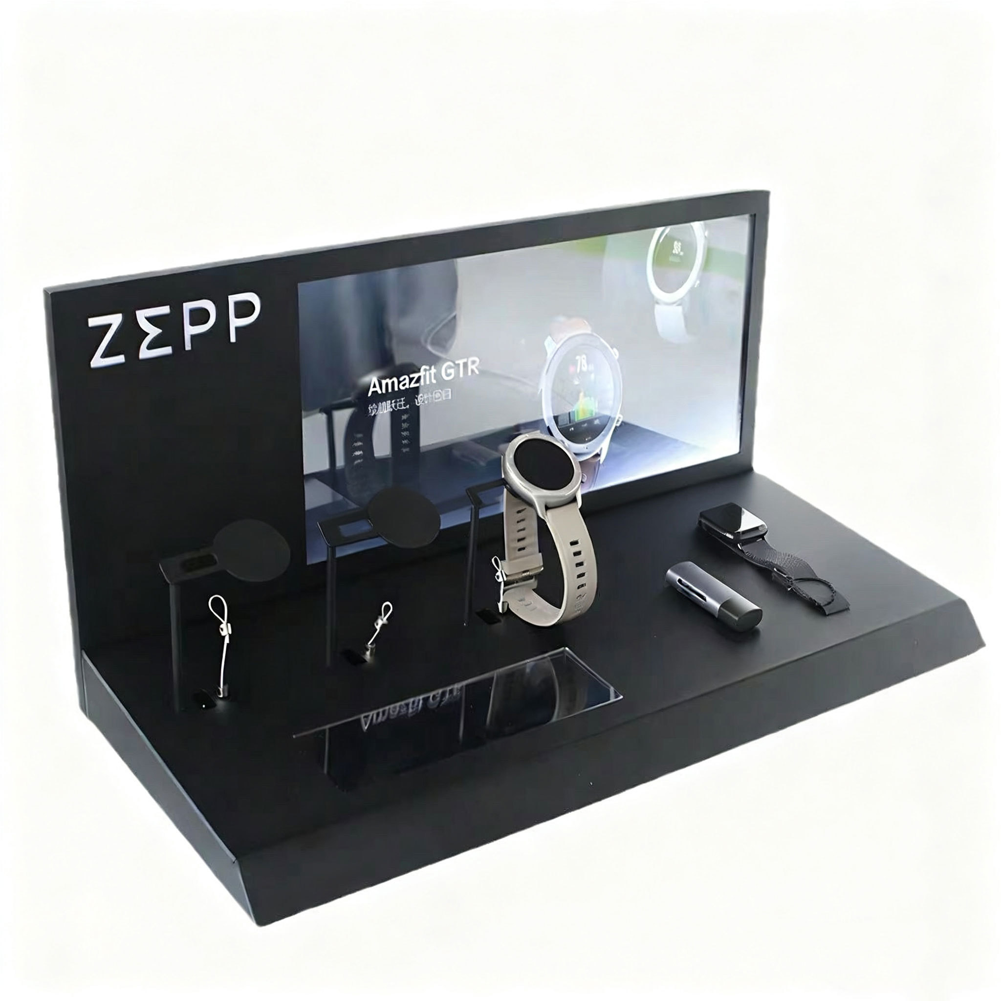 Acrylic smart watch display stand with acrylic LED lights, high-end watch testing display stand with replaceable posters