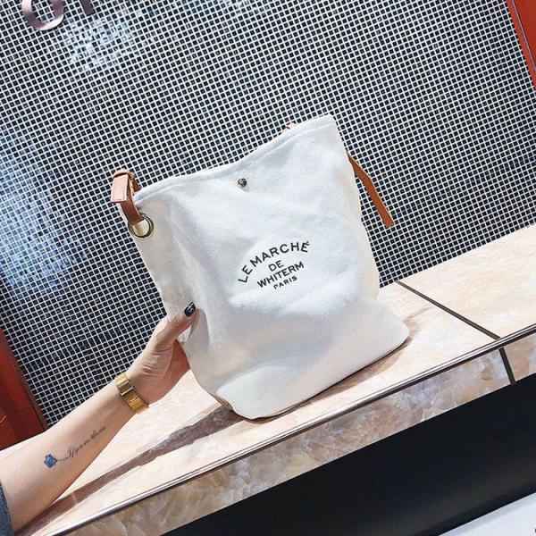 Supermarket Custom Logo Cotton Canvas Tote Shoulder Bags with Brown Leather Handles