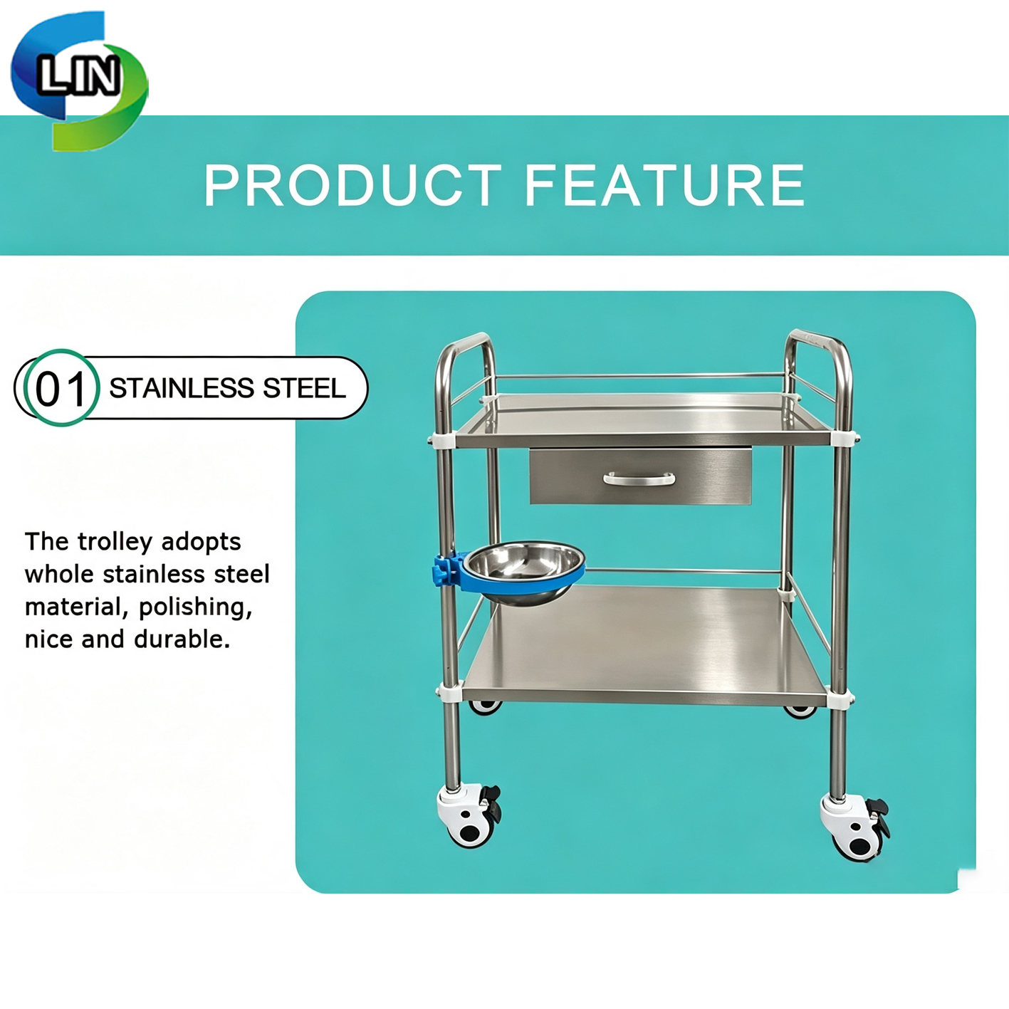 Stainless Steel Inner Frame Medical Treatment Cart with 3 Sides Guardrail and Independent Brake