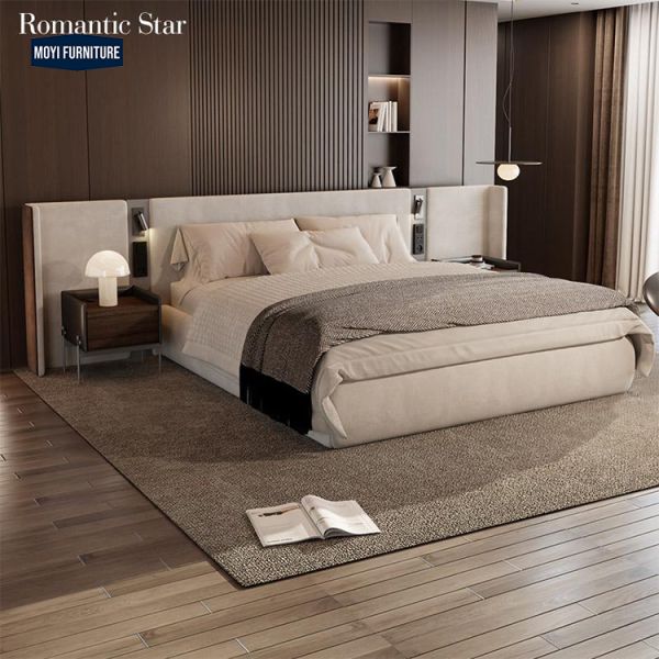 Customize Size Modern Luxury Double Queen Bed Large Headboard Velvet Fabric Upholstered King Size Beds Power Switch Furniture