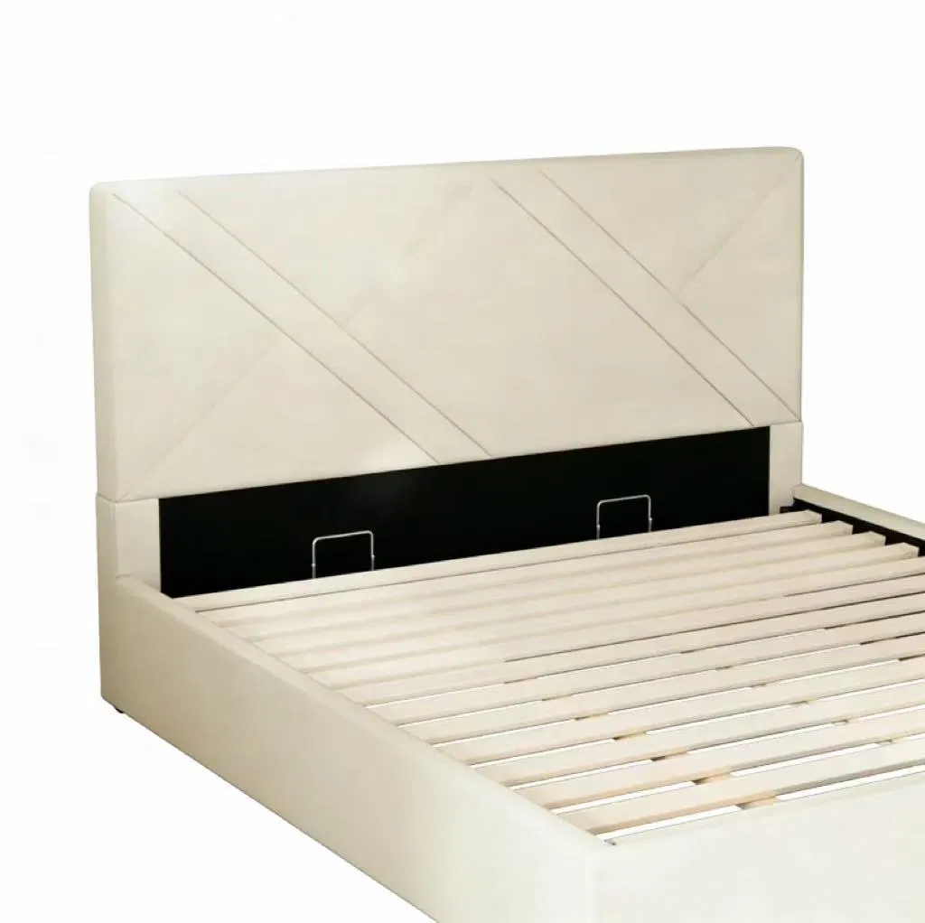 Minimalist Double Bed with Beige Leather Vertical Strip Upholstery