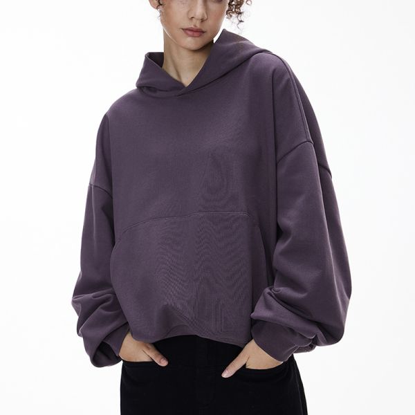 Boxy Cropped Hoodie, 380G Loose Fit Men’s Long Sleeve Hooded Sweatshirt with Pockets | OEM & ODM Supported, Custom Logo, Fabric & Color Available