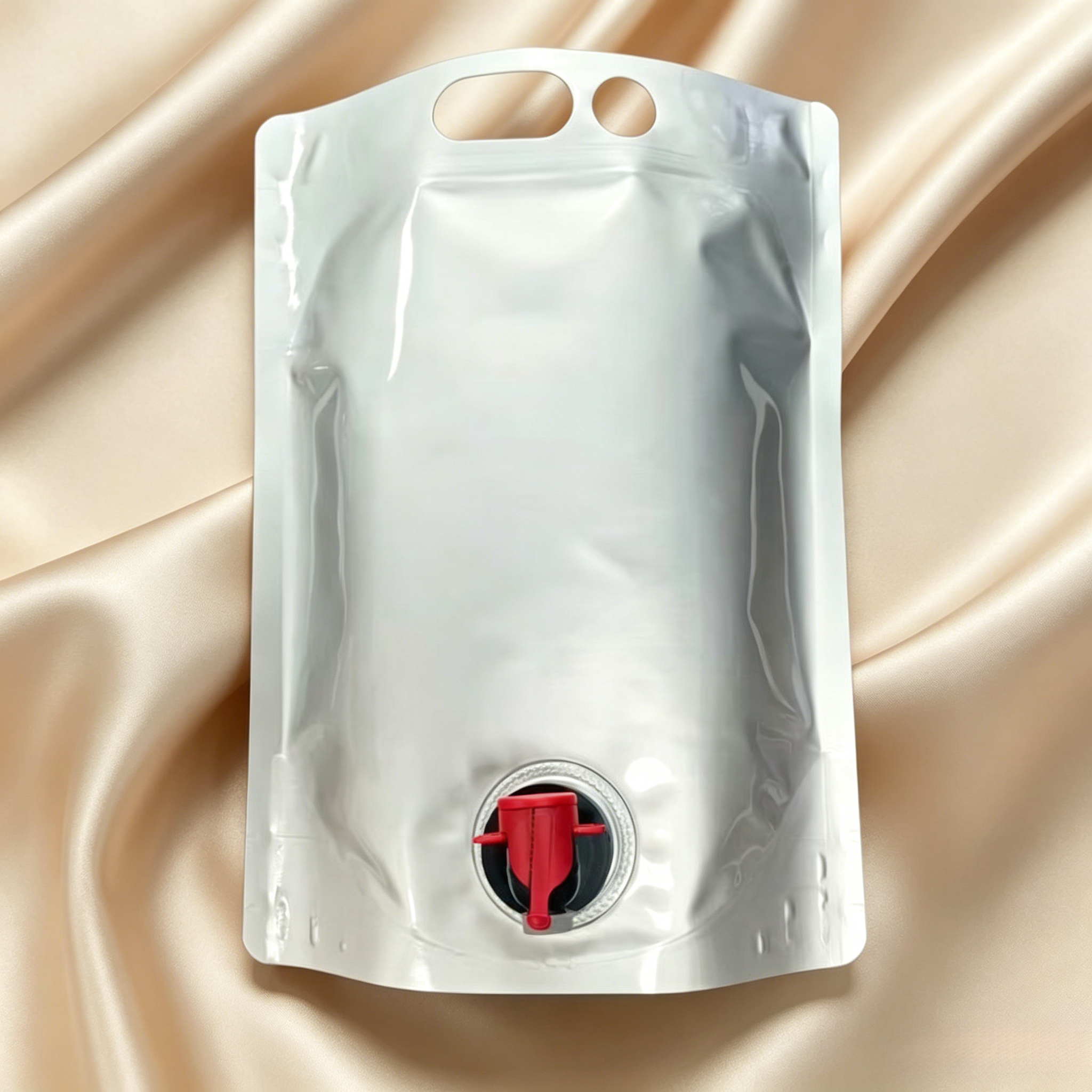 Blank Silver Aluminum Foil Stand Up Tap Spout Pouch With Double Carry Holes | Leak-Proof Re-Sealable Dispenser Bag For Wine, Juice & Cold Brew Coffee
