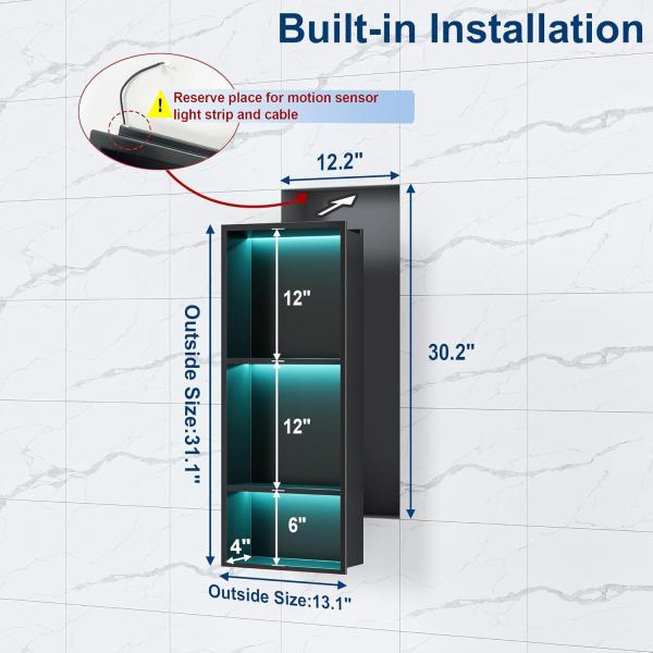 12x30 Inch Shower Wall Niche Waterproof Painting Finish With LED