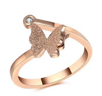 Rose Gold Butterfly Rings for Girl Diamond Finger Ring for Lady Stainless Steel Frosted Gold Ring