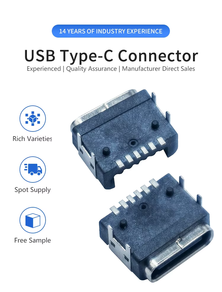 Waterproof Panel Mount PCB 6 Pin Female USB Type C Connector