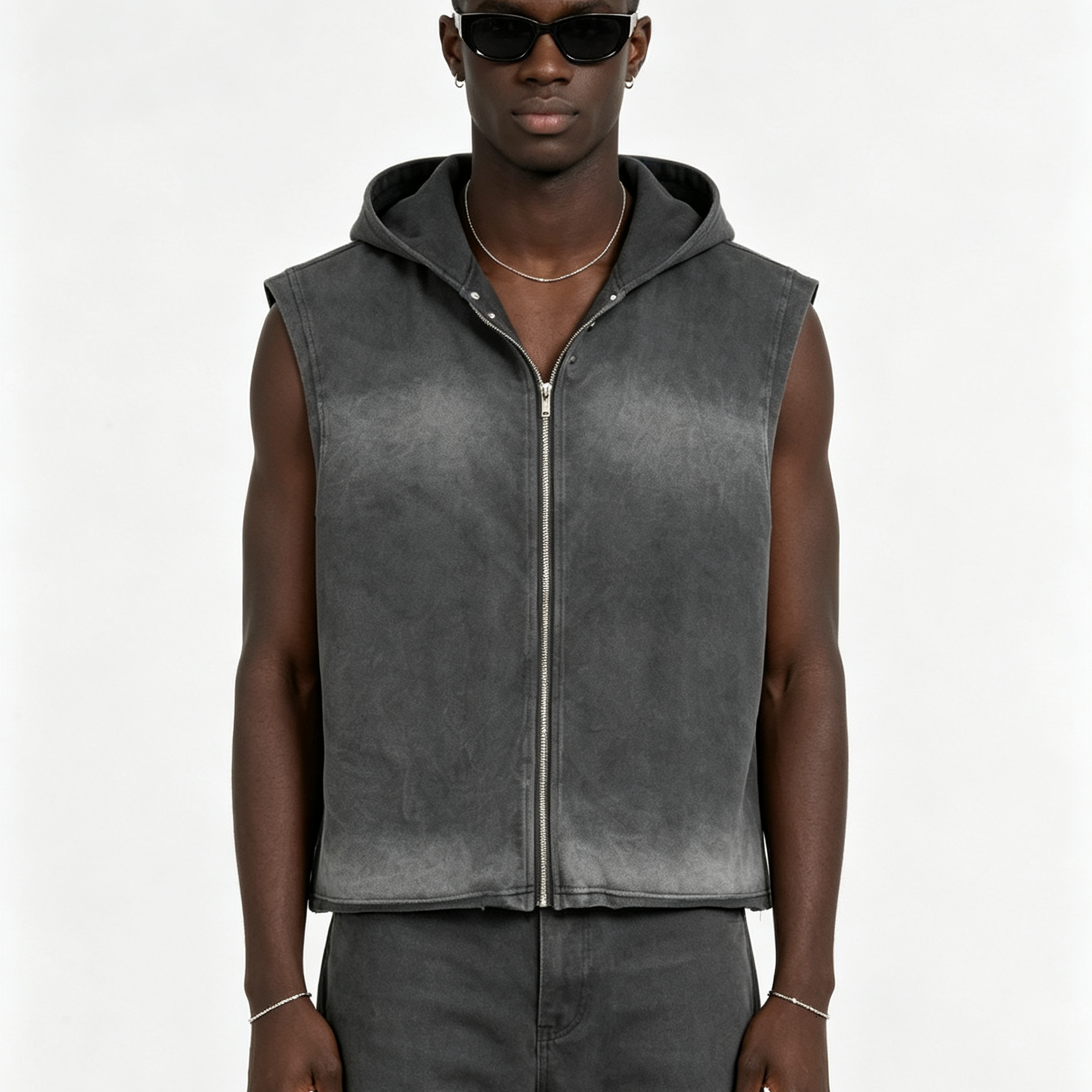 Men’s Vintage Washed Hooded Vest 240G Oversized Sleeveless Streetwear Zip-Up Jacket