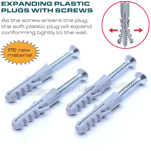 Expandable Plastic Wall Plugs (Screw Anchors, Drywall Anchors) Gray, Red or Blue Ø10 x 50mm 100pcs with Ø6~8mm Screws for Home Decor
