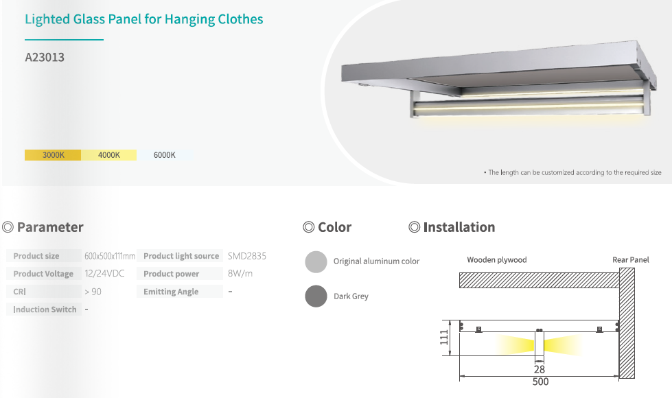 Closet Hanging Rod LED Lighted Glass Panel Custom Length High CRI 90 12V 24V DC