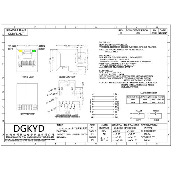 Соединитель портов DGKYD52281111AB1A1D12B4078 RJ45 одиночный без трансформатора модульного Джек RJ45 Джек