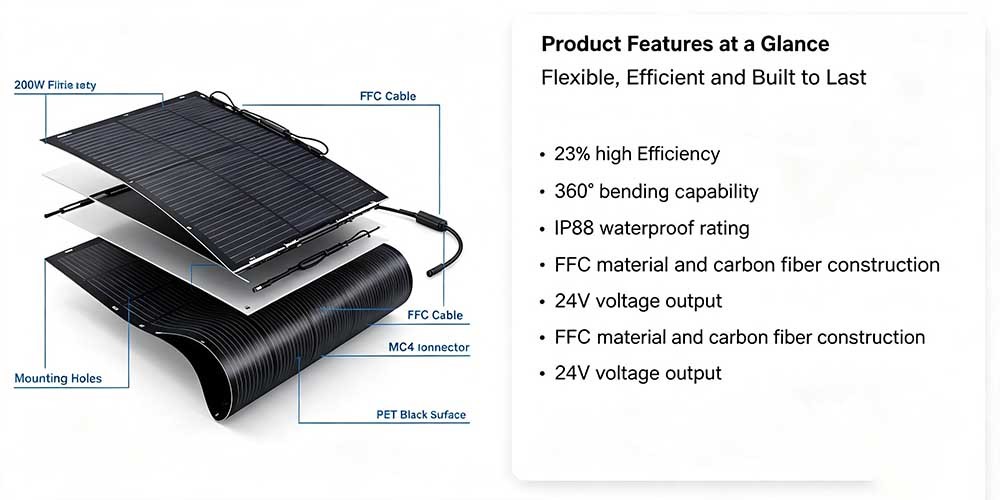 200W Curved‑Surface Flexible Solar Panel, Reliable Off‑Grid Solar Power for RVs, Boats, Balconies & Emergency Supply