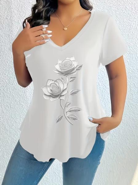 2026 New Arrival: Plus-Size Printed Short-Sleeve T-Shirt for Women – Casual, V-Neck, Loose-Fitting, Comfortable, and Versatile Top