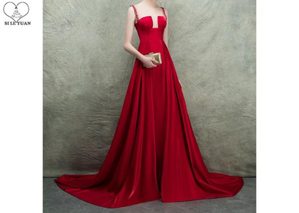 Backless Red Ball Gown Prom Dress Stretch Satin Bust Cut Out Shoulder High Slit