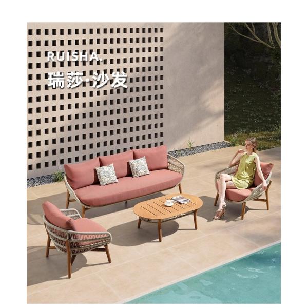 Waterproof and Sunproof Outdoor Teak Rattan Sofa Set for Courtyard Garden Open-Air Homestay Leisure Minimalist Solid Wood Combination