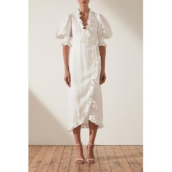 Linen Puff Sleeve Wrap Midi Elegant Dress Cotton Ladies