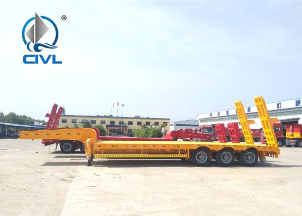 Low Bed Semi-Trailer CIMC 3 Axles Flatbed With 60 Tons To Transport Machines  Lowboy Trailer