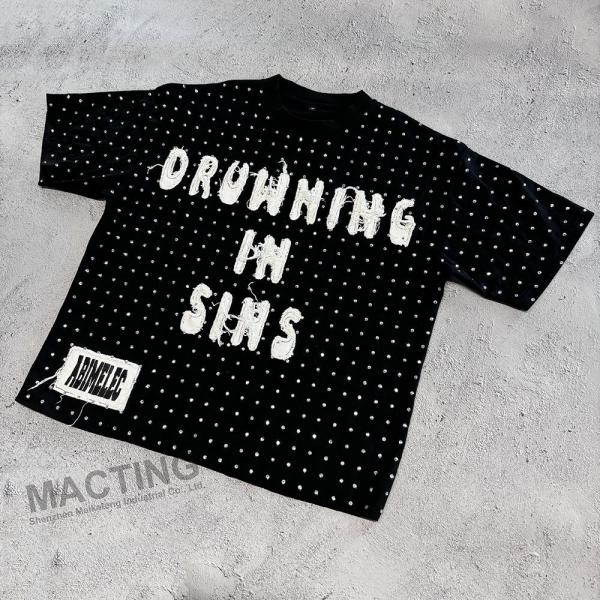 Custom Streetwear Rhinestone Cropped T Shirt Distressed Embroidery Patched For Men