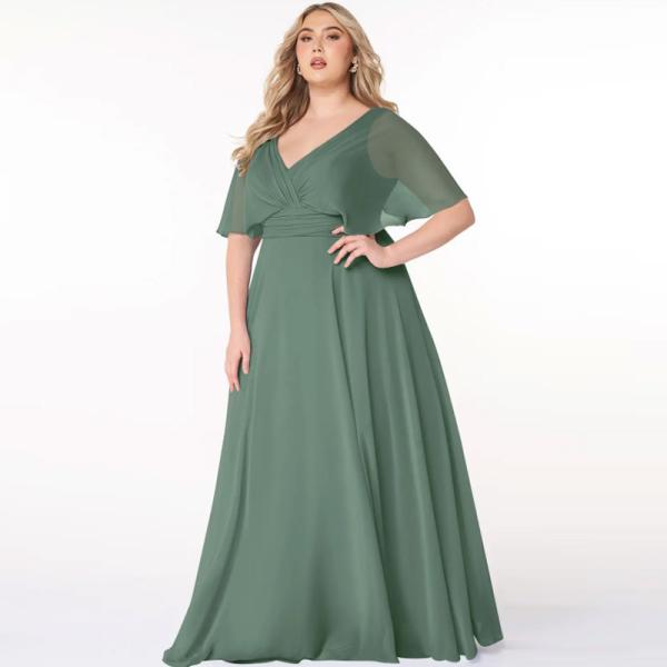 Vintage Elegant A-Line V-Neck Pleated Chiffon Floor-Length Bridesmaid Dress V-back Short Sleeves Pleated