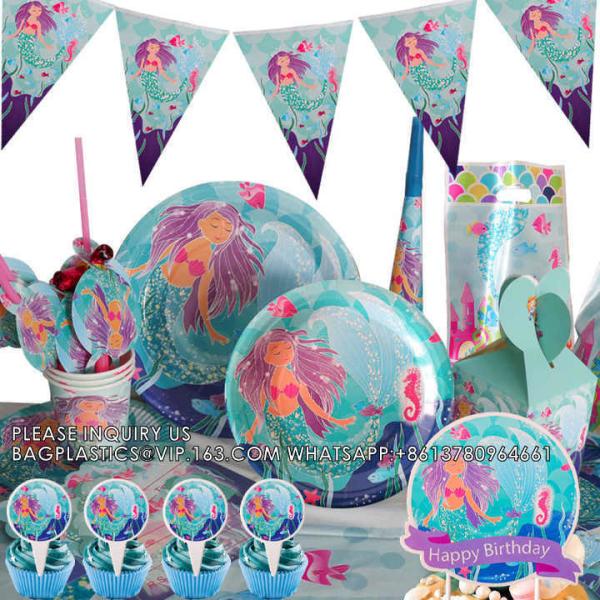 Party Supplies Set Mermaid Series Tableware Banner Mask Decoration Cake Topper Gift Bag Kids Paper Toy Birthday