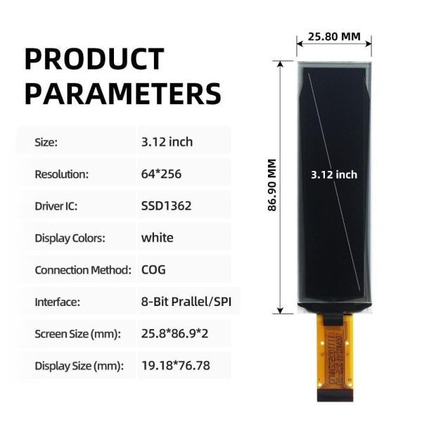 3.12 inch 256x64 Pixel High Brightness OLED Display Module with Serial Interface