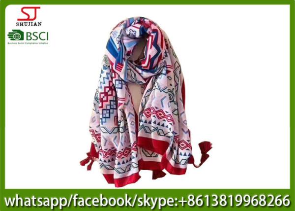 China manufactuer women lady national style print scarf  wavy floral tassel stripe 90*180cm 105g 100%polyester  voile