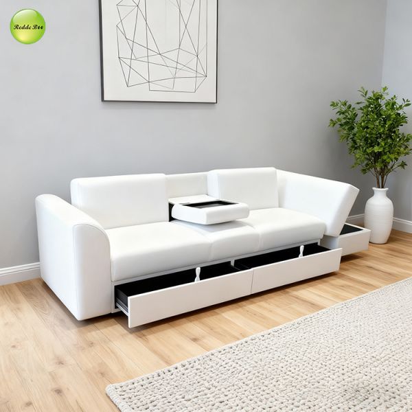 Minimalist PU Leather Foldable Sofa Bed With Drawer Storage & Cup Holder 3 Seater Living Room Sofa Convertible Sleeping Cum Bed