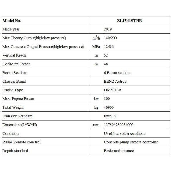 Full Refurbished 52 Meter Construction Machinery Pump Truck Max.Theory Output 140/200 M3/H