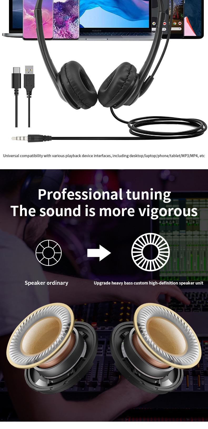 JTY-430 professional call center earphones with microphone, multiple plugs USB/Type-C/3.5mm wired earphones, comfortable to wear earphones, suitable for online learning and business conference calls