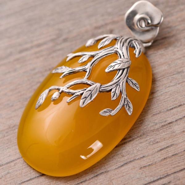Women Fashion Three Leaves 925 Sterling Silver Synthetic Yellow Chalcedony Pendant Necklace(N808064)
