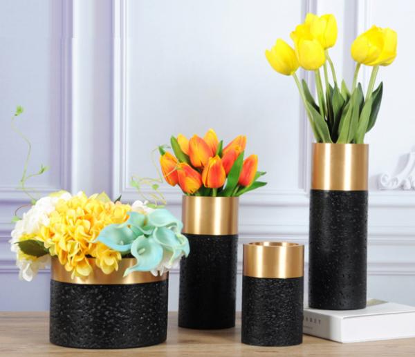 Wholesale Decorative Flower Vases Gold Plated with Marble Cylinder Flower Pot Set