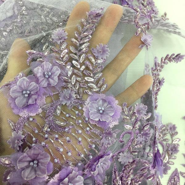 3D Floral Beaded Embroidered Lace Fabric For Evening Dresses 120 CM Width