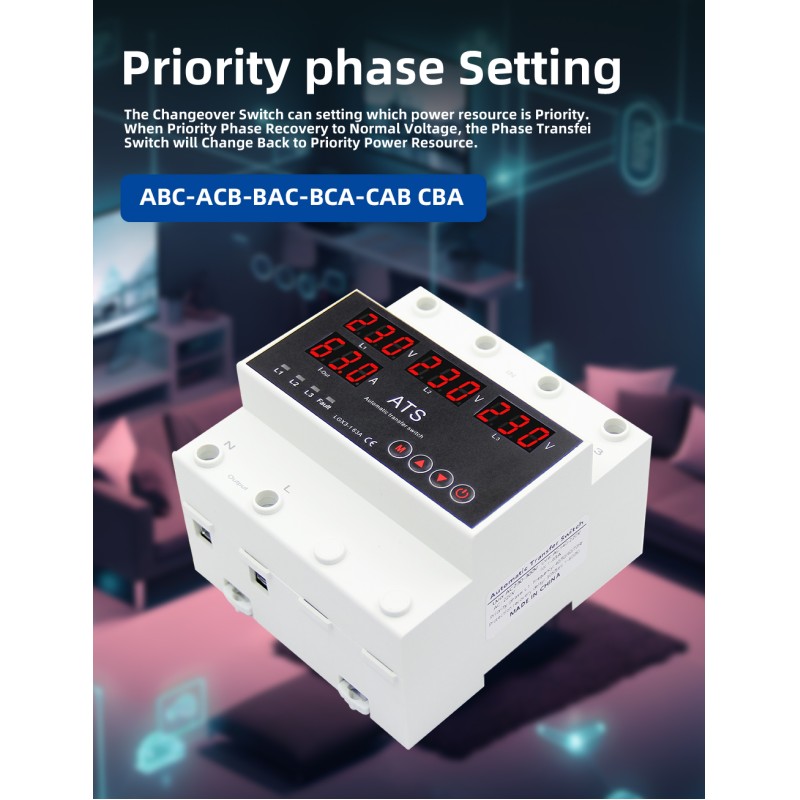 Automatic Transfer Switch (ATS) PC 63A/100A Three Phase Uninterrupted Power Stabilizer Voltage Protector Phase Selector