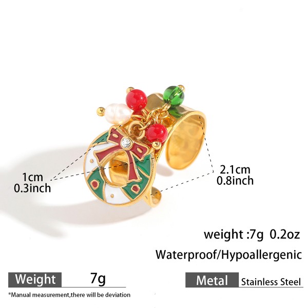 Fashion Popular Stainless Steel Enamel Christmas Tree Stocking Reindeer Snowflake Jewelry Rings 18k Gold Plated Adjustable Ring